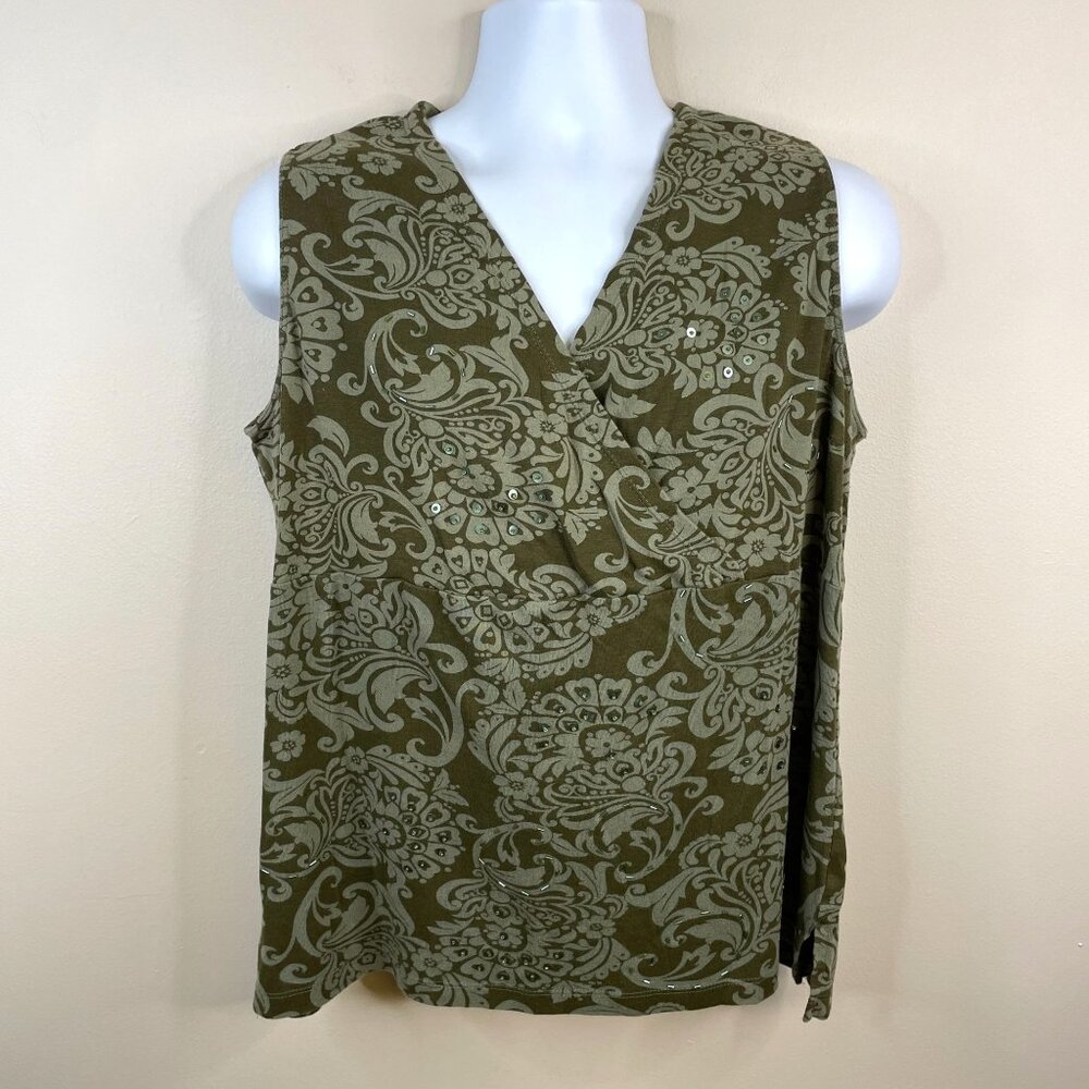Vintage Boho Forest Nature Beaded Tunic Top Size 1X Olive Green Sequin Floral